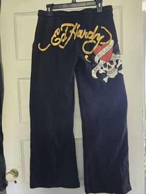 Ed Hardy Black Wideleg Sweatpants with Yellow Script & Multicolor Skull